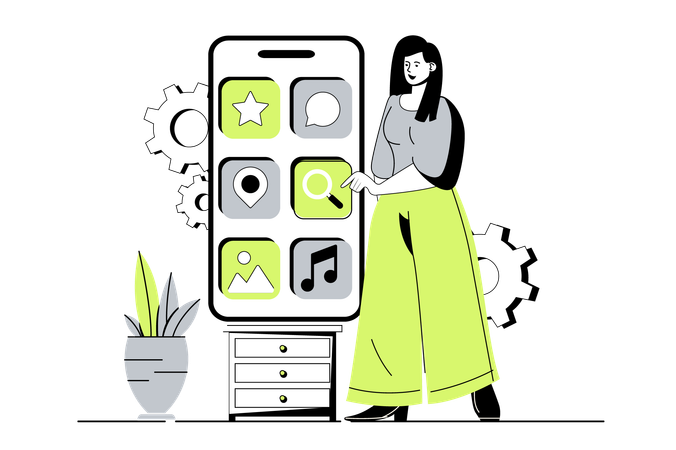 Woman creating mobile interface layout with app buttons  Illustration