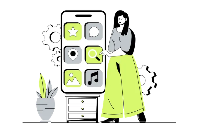 Woman creating mobile interface layout with app buttons  Illustration
