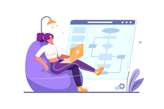 Woman creating program flowchart algorithm  Illustration