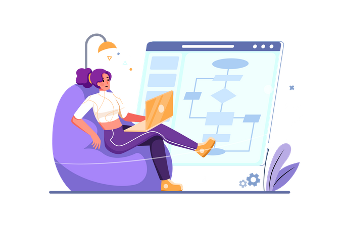 Woman creating program flowchart algorithm  Illustration
