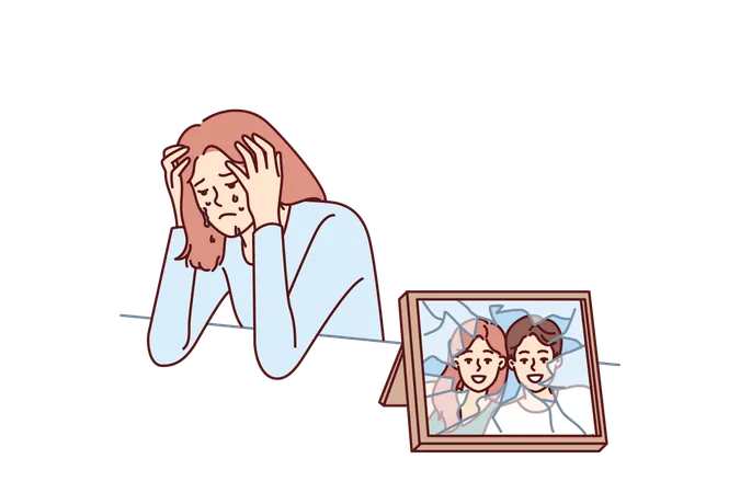Woman Cries After Breaking Up With Husband And Is Sad Sitting Near Broken Photo With Happy Family Widow Girl Cries And Sheds Tears After Death Of Boyfriend Causing Emotional Distress Illustration