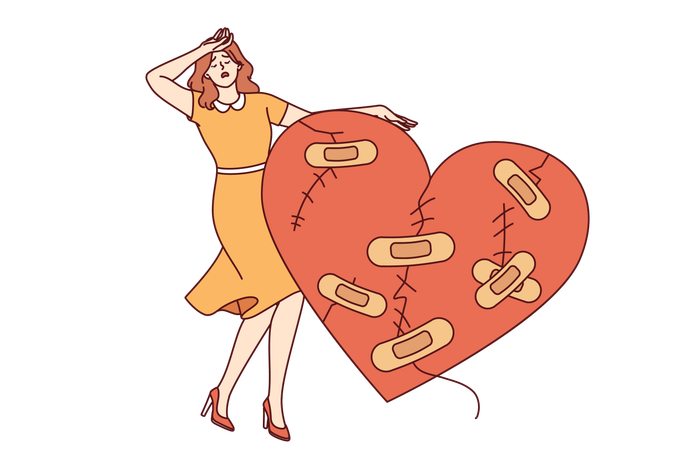 Woman cries after breaking up and having problematic relationship standing near large wounded heart  Illustration