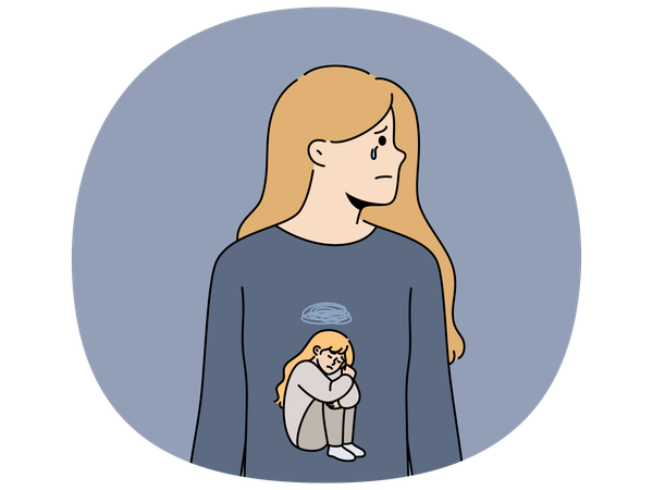 Woman cries due to stress and depression caused by psychological trauma in childhood  Illustration