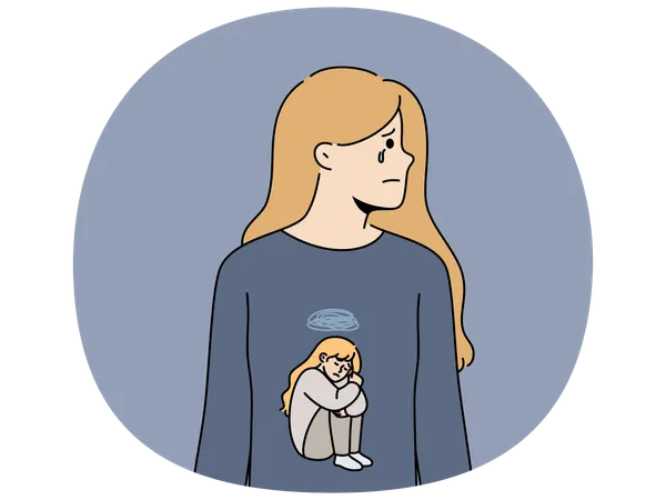 Woman cries due to stress and depression caused by psychological trauma in childhood  Illustration