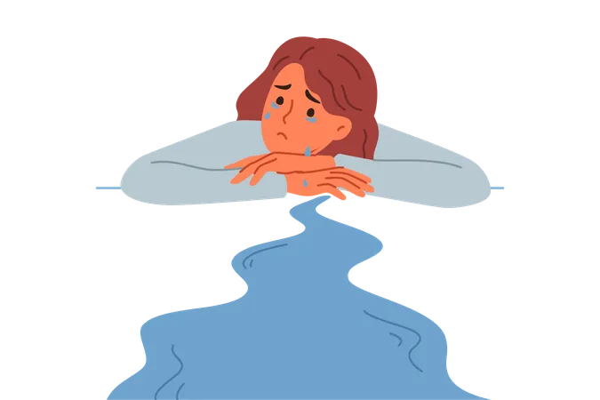 Woman cries experiencing stress after breaking up with boyfriend lying near puddle of tears  Illustration
