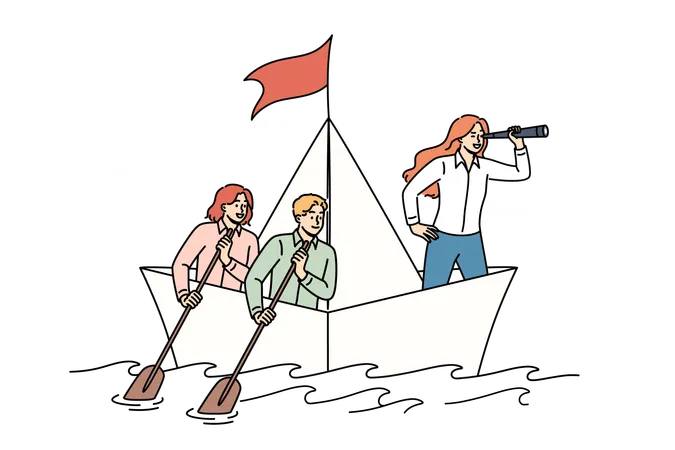 Woman Crisis Manager Leads Team During Storm Standing On Paper Ship And Holding Shameful Trumpet Girl Leader Works As Crisis Manager Inspiring Colleagues To Do Excellent Work And Solve Problems Illustration