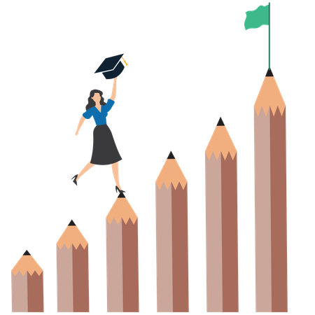 Woman crosses pole from pencil to educational success  Illustration