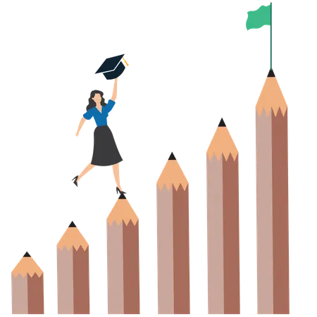 Woman crosses pole from pencil to educational success  Illustration