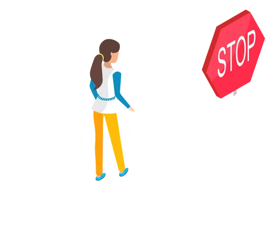 Woman Crossing Road Near Stop Sign Pedestrian Walks Along Crosswalk Road Markings And Signs For Traffic Rules Girl Walks On Pedetrian Crossing Crosswalk Safety While Going Through Carriageway イラスト