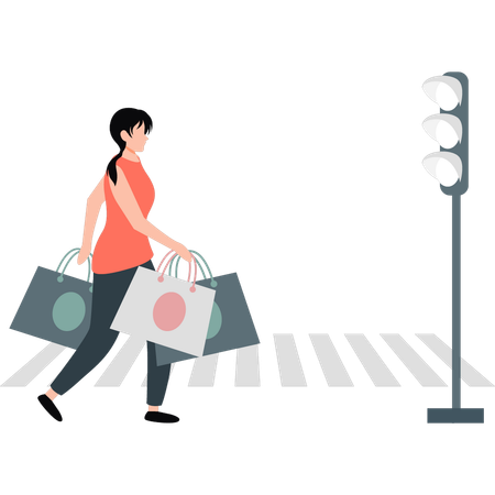 Woman crossing road with bags  Illustration