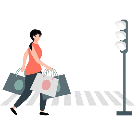 Woman crossing road with bags  Illustration