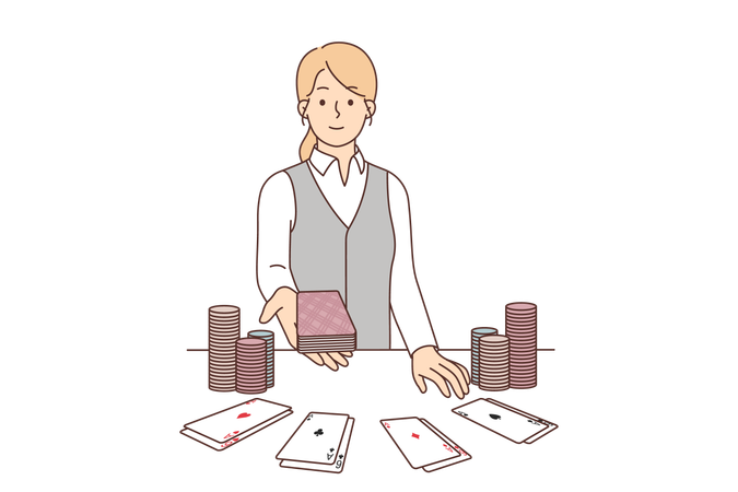 Woman croupier near card table in casino  Illustration