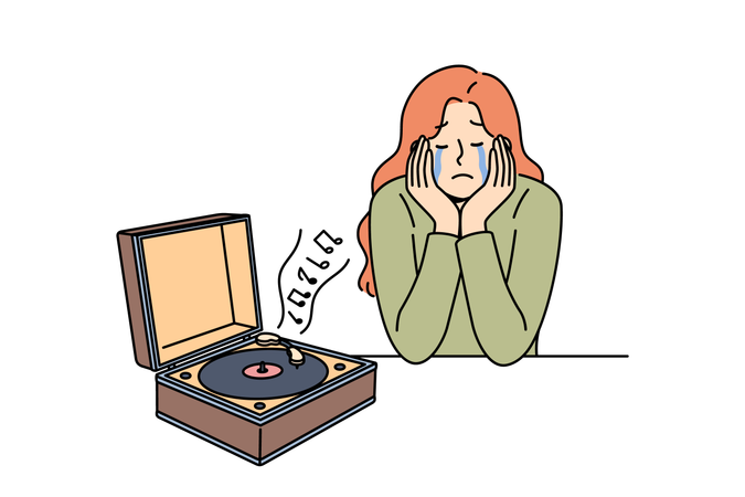 Woman crying after listening sad songs  Illustration