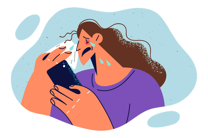 Woman crying while looking at phone  Illustration