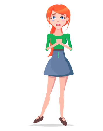 Woman Crying Full Length With Tear On Cheek Isolated On White Frustrated Redhead Girl Avatar Userpic In Flat Style Design Vector Illustration Of Up Human Emotion In Green Blouse And Blue Skirt Illustration
