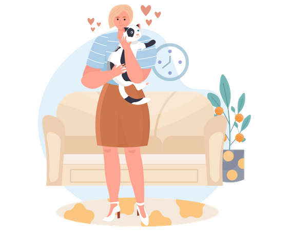 Woman cuddling a cat Illustration