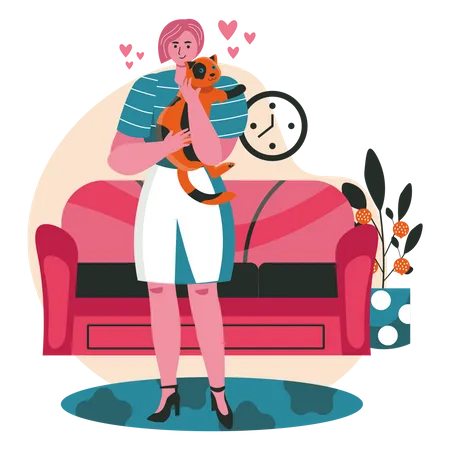 Pets With Their Owners Scene Concept Woman Hugs Cat While Standing In Living Room Taking Care Of Pets Relationship With Animal People Activities Vector Illustration Of Characters In Flat Design Illustration