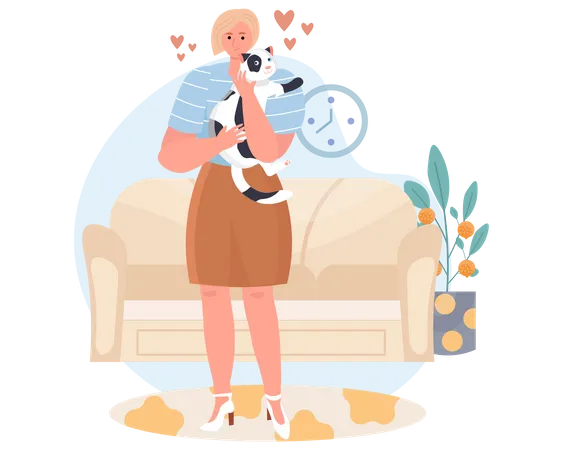 Woman cuddling a cat  Illustration