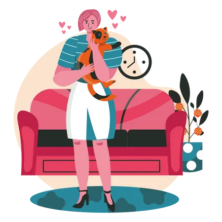 Woman cuddling a cat  Illustration