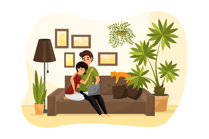 Woman cuddling her husband  Illustration