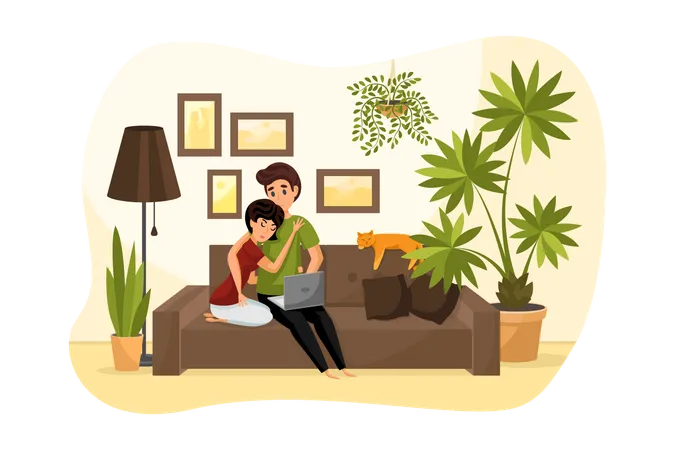 Woman cuddling her husband  Illustration