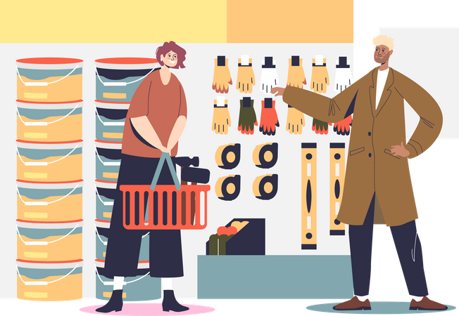 Woman customer buying gloves for renovation works in hardware store  Illustration