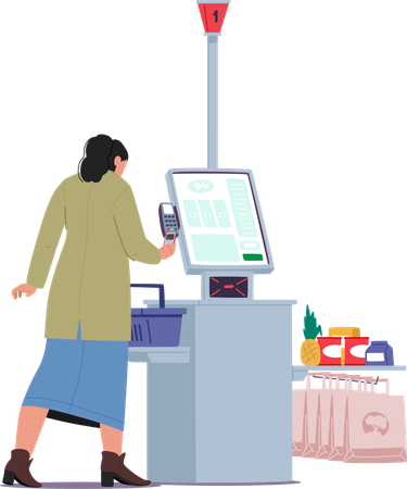 Woman customer buying groceries food product using automated electronic self-checkout kiosk  Illustration