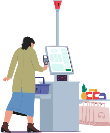 Woman customer buying groceries food product using automated electronic self-checkout kiosk  Illustration