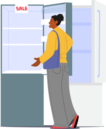 Woman customer choosing refrigerator with sale at electronics store department  Illustration