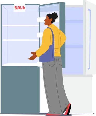 Woman customer choosing refrigerator with sale at electronics store department  Illustration