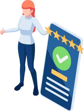 Flat 3 D Isometric Woman Customer Writing A Comment And Giving Five Star Feedback On Smartphone Customer Feedback And User Experience Concept Illustration