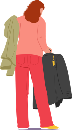 Woman customer holding new garment for shopping standing back  Illustration