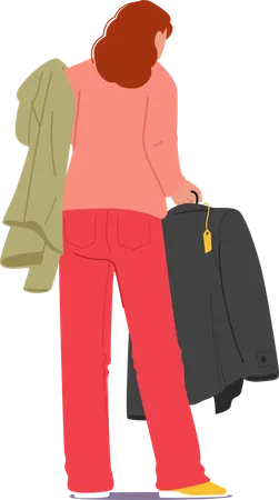 Woman customer holding new garment for shopping standing back  Illustration