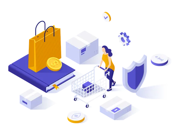 Woman customer or buyer with shopping cart, shield, book  Illustration