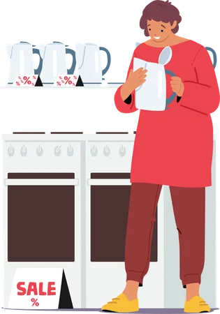 Woman customer selecting electric kettle observing sale offer at shop display  Illustration