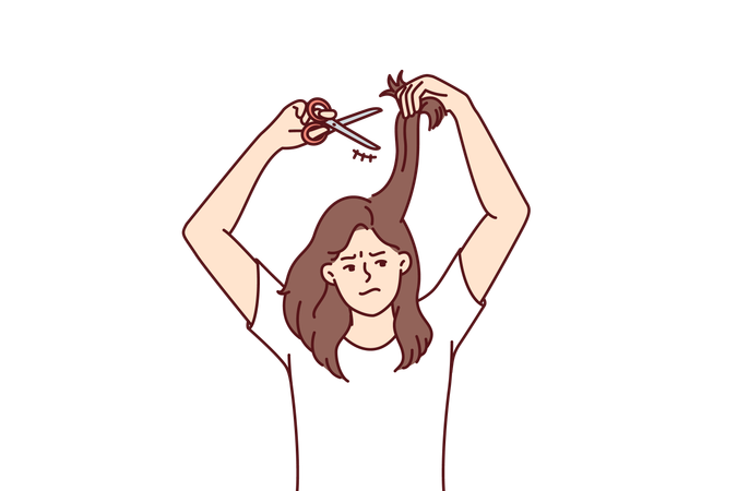 Woman cuts own hair because of dissatisfaction with bad hairstyle and split ends  Illustration