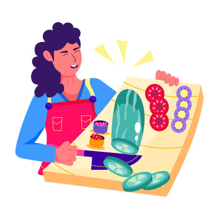 Woman cutting salad on chopping board  Illustration