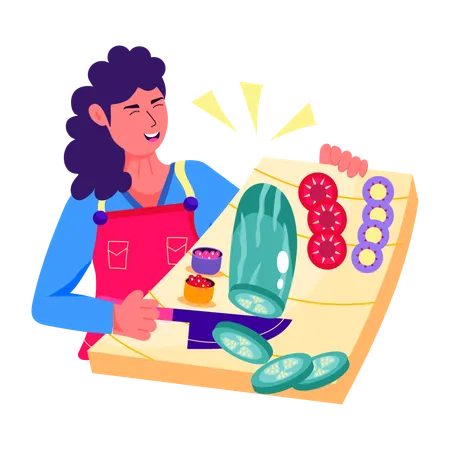 Woman cutting salad on chopping board  Illustration