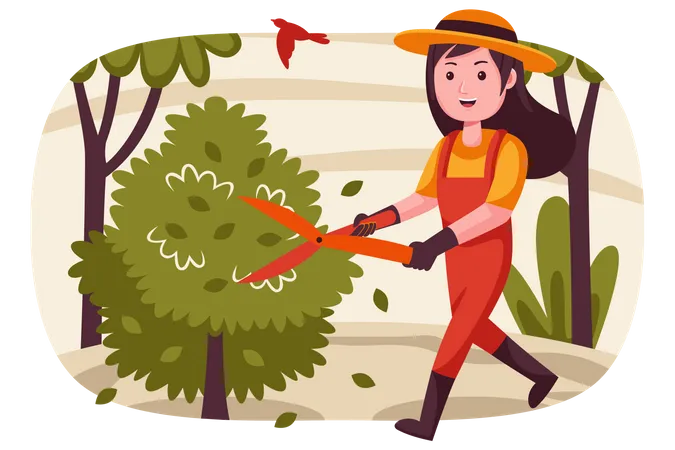 Woman cutting tree with big scissor Illustration
