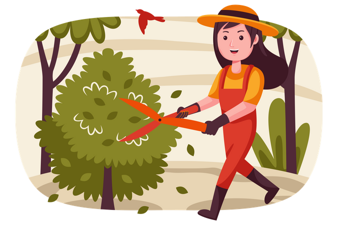 Woman cutting tree with big scissor  Illustration