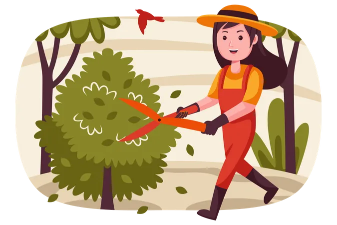 Woman cutting tree with big scissor  Illustration