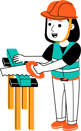 Woman cutting wood using hand saw  Illustration