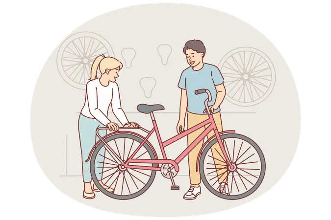 Woman cyclist came to workshop to repair or tune bicycle and buy additional accessories for hobby  Illustration