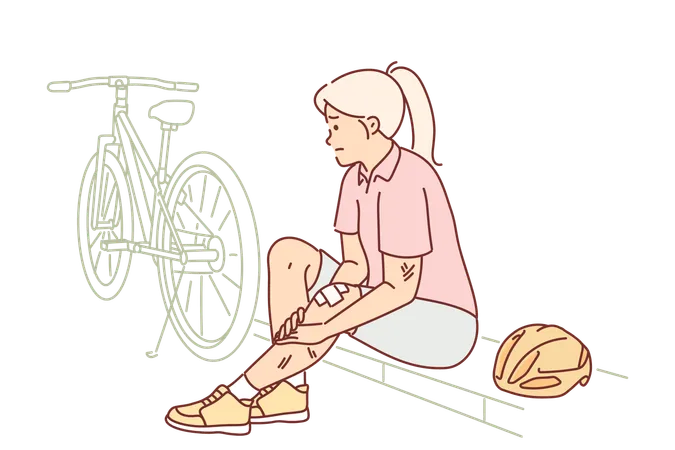 Woman Cyclist Has Injured Leg After Falling Off Bike And Sits On Curb In Need Of Doctor Help Concept Of Accident During Bike Ride Due To Careless Riding And Violations Of Safety Rules イラスト