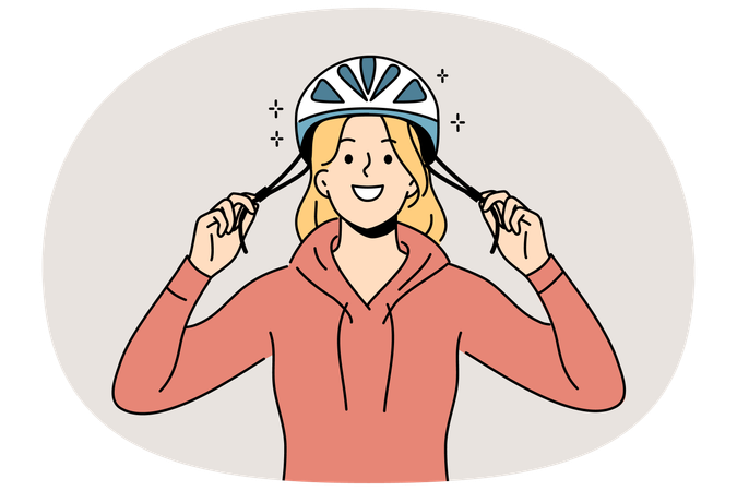Woman cyclist puts protective helmet on head before cycling to protect against injuries from falls  Illustration