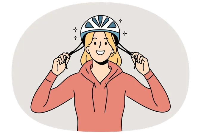 Woman cyclist puts protective helmet on head before cycling to protect against injuries from falls  Illustration