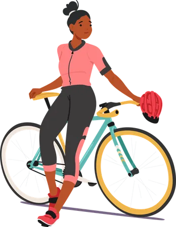 Woman cyclist standing with bicycle  Illustration