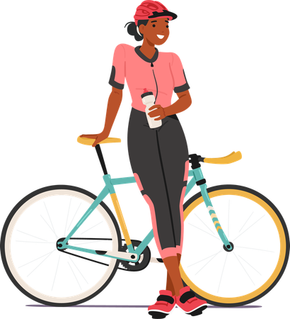 Woman cyclist standing with bicycle  Illustration