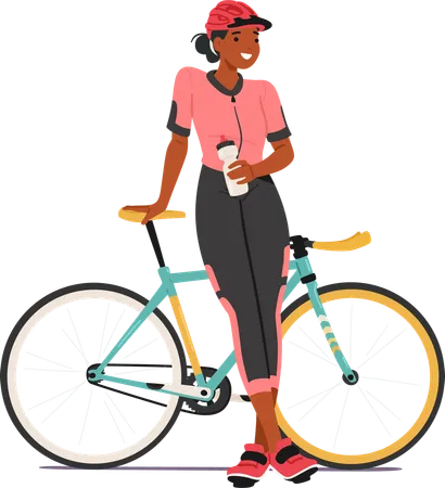 Woman cyclist standing with bicycle  Illustration