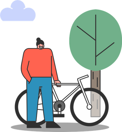Woman cyclist with bicycle in park  Illustration